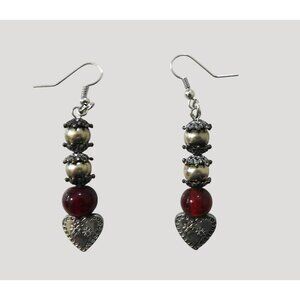 Vintage-Inspired Dangle Earrings Silver Heart Charm Red Metallic Beads 2.5" Long